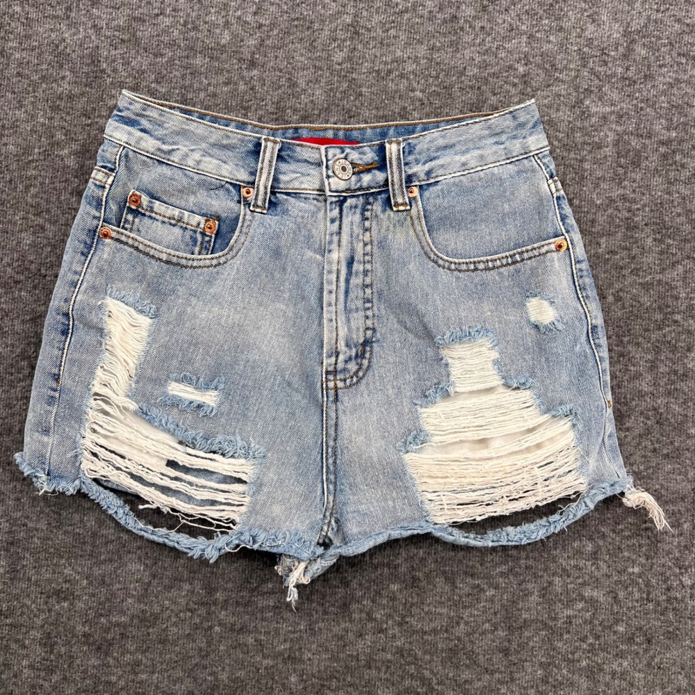 Signature8 Women High Waisted Distressed Denim Shorts Light Wash Blue Festival S
